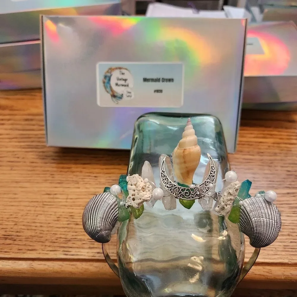 Mermaid Crown Green/White Crystal Quarts, Coral, Pearls, Shell, & Silver Moon!